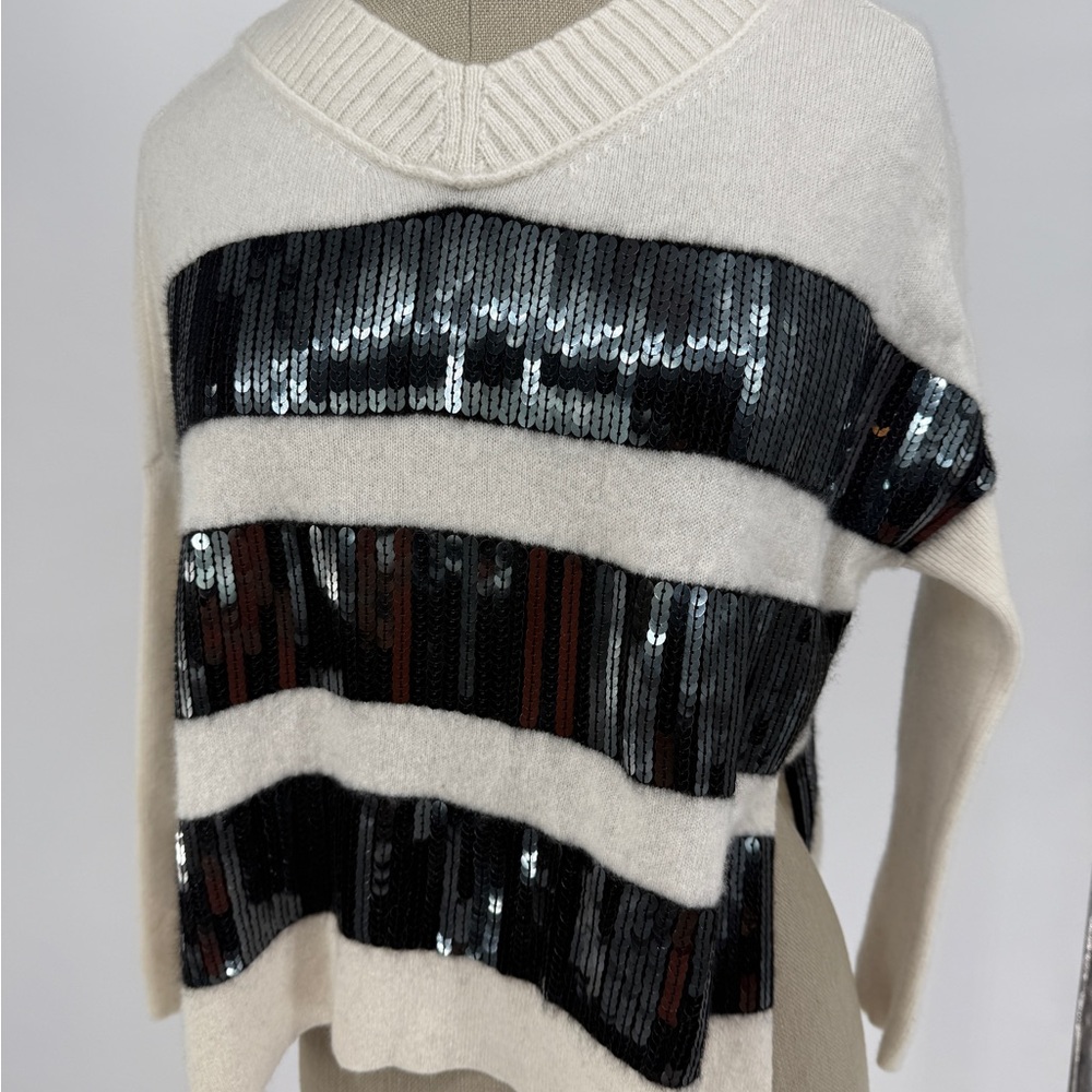 Maeve Cashmere V-Neck Sweater with Black and Cream Sequins